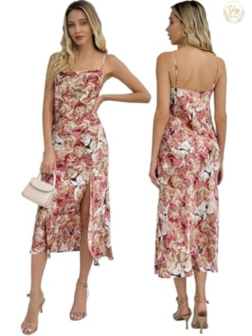 Women's Satin Midi Slip Dress Spaghetti Strap Cowl Neck Backless Wedding Guest